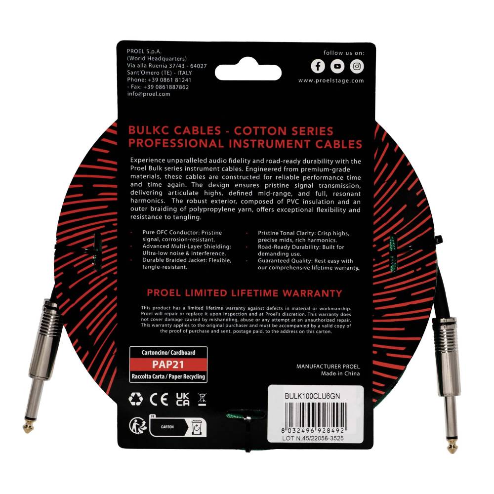 Proel BulkC Cotton Series Instrument Cable - Green and Black 6m