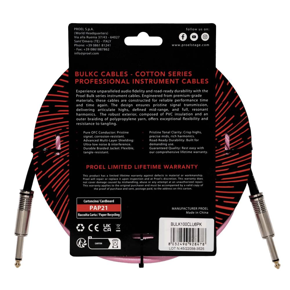 Proel BulkC Cotton Series Instrument Cable - Pink 6m