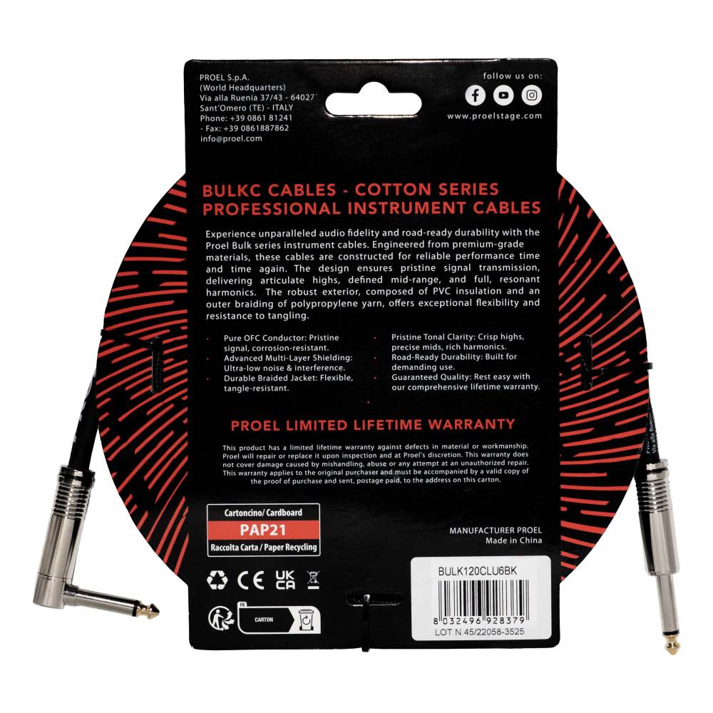 Proel BulkC Cotton Series Instrument Cable - Black 6m
