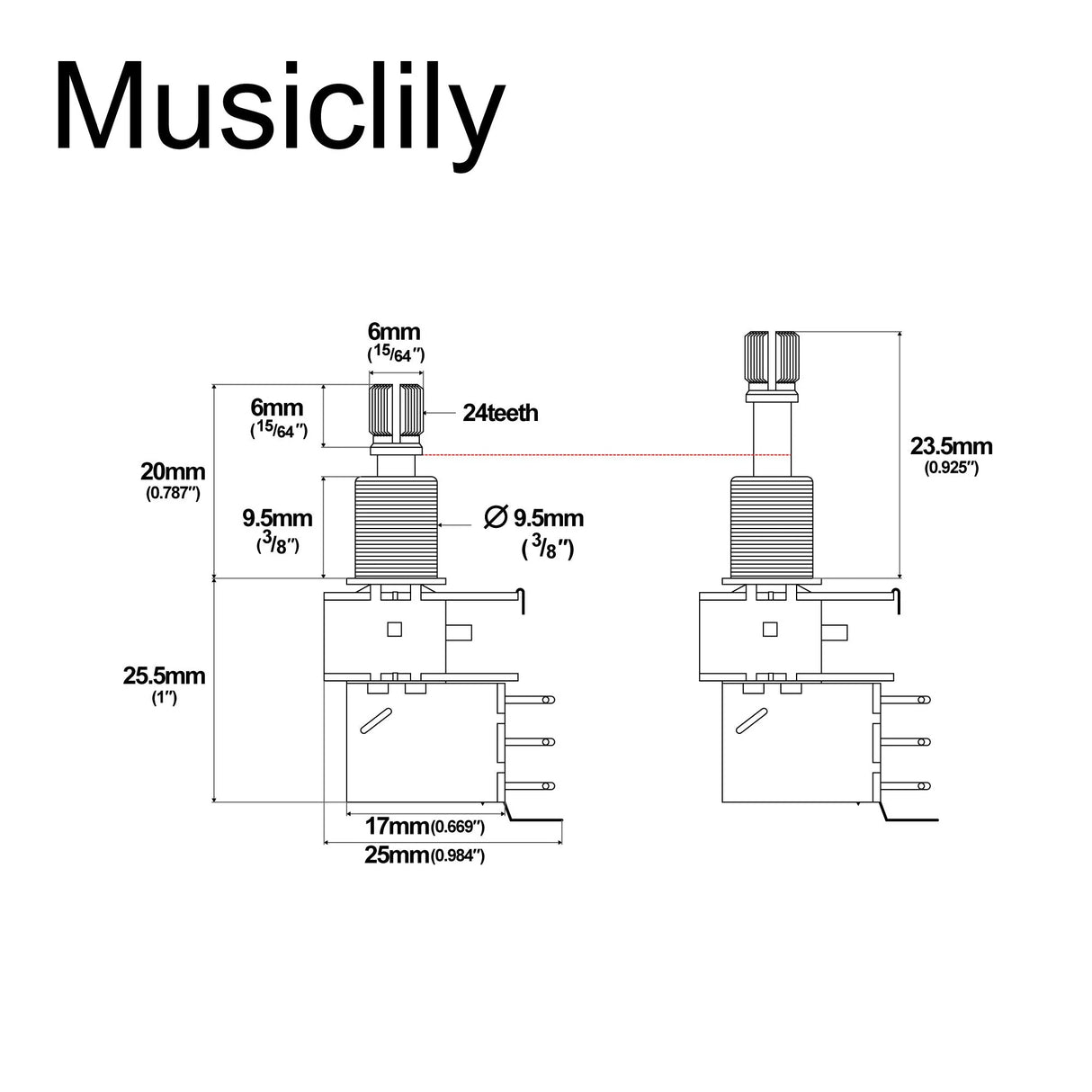 Musiclily Pro Push Push Audio (Log) Imperial Split Shaft 500k Pot
