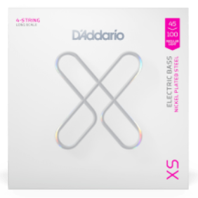 D'Addario XS electric bass nickel-plated steel strings package, featuring a white box with a large metallic silver 'X' logo and pink and gray text details.
