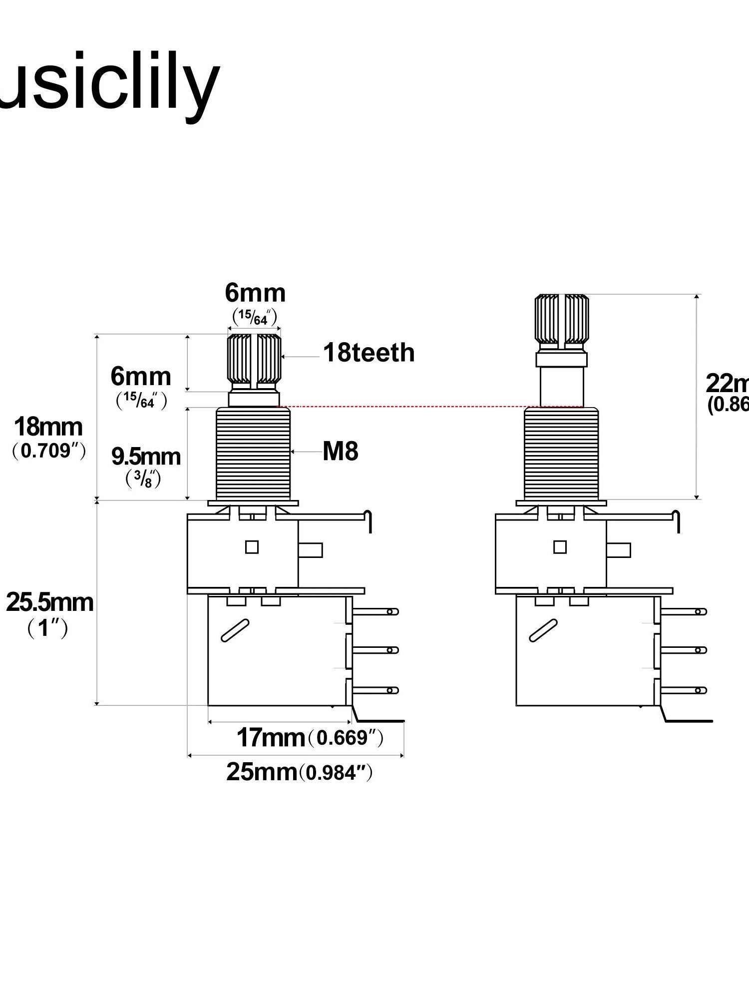 Musiclily Pro Push Push Linear (Lin) Medium Split Shaft 250k Pot
