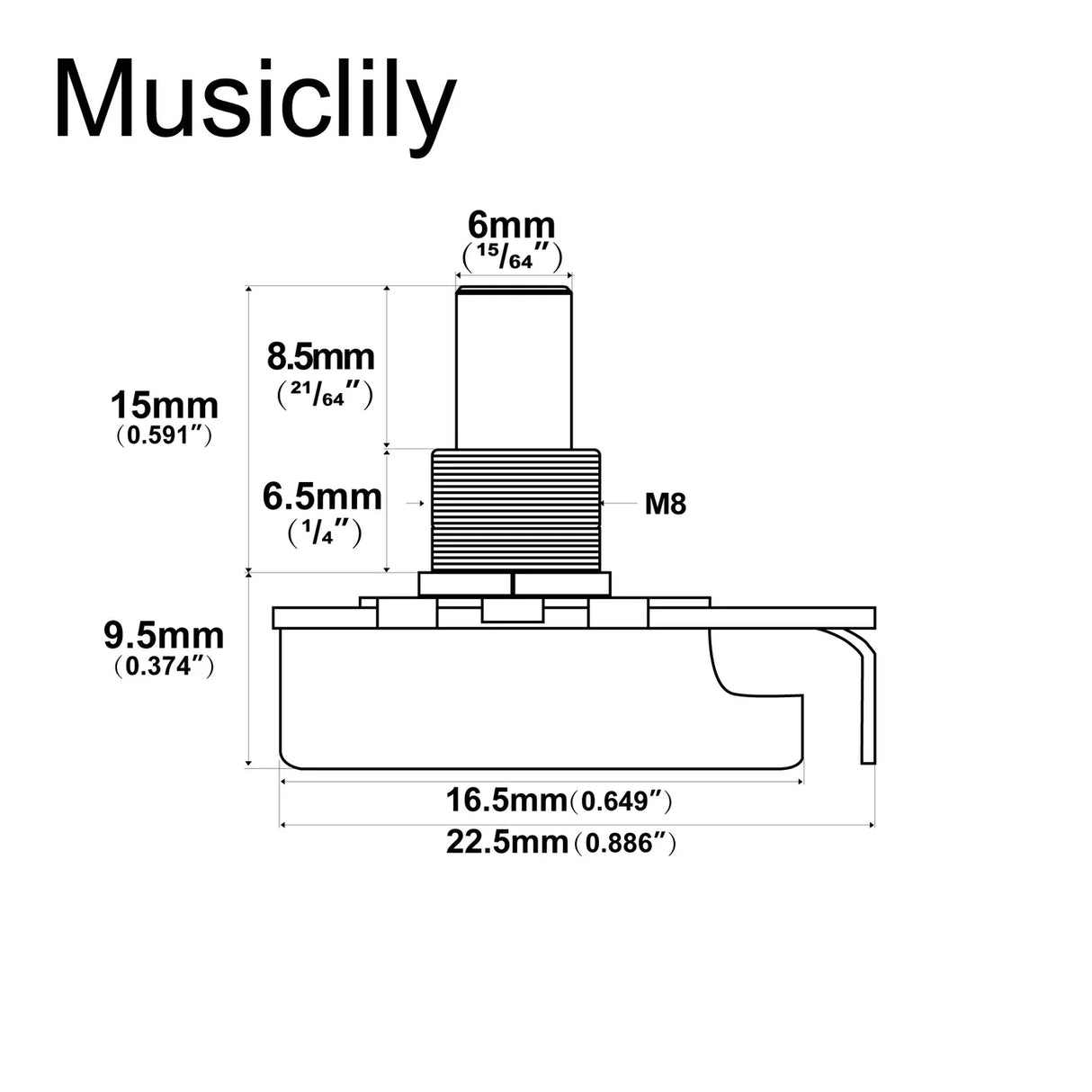 Musiclily Pro Linear (Lin) Brass Solid Short Shaft Mini 250K Pot