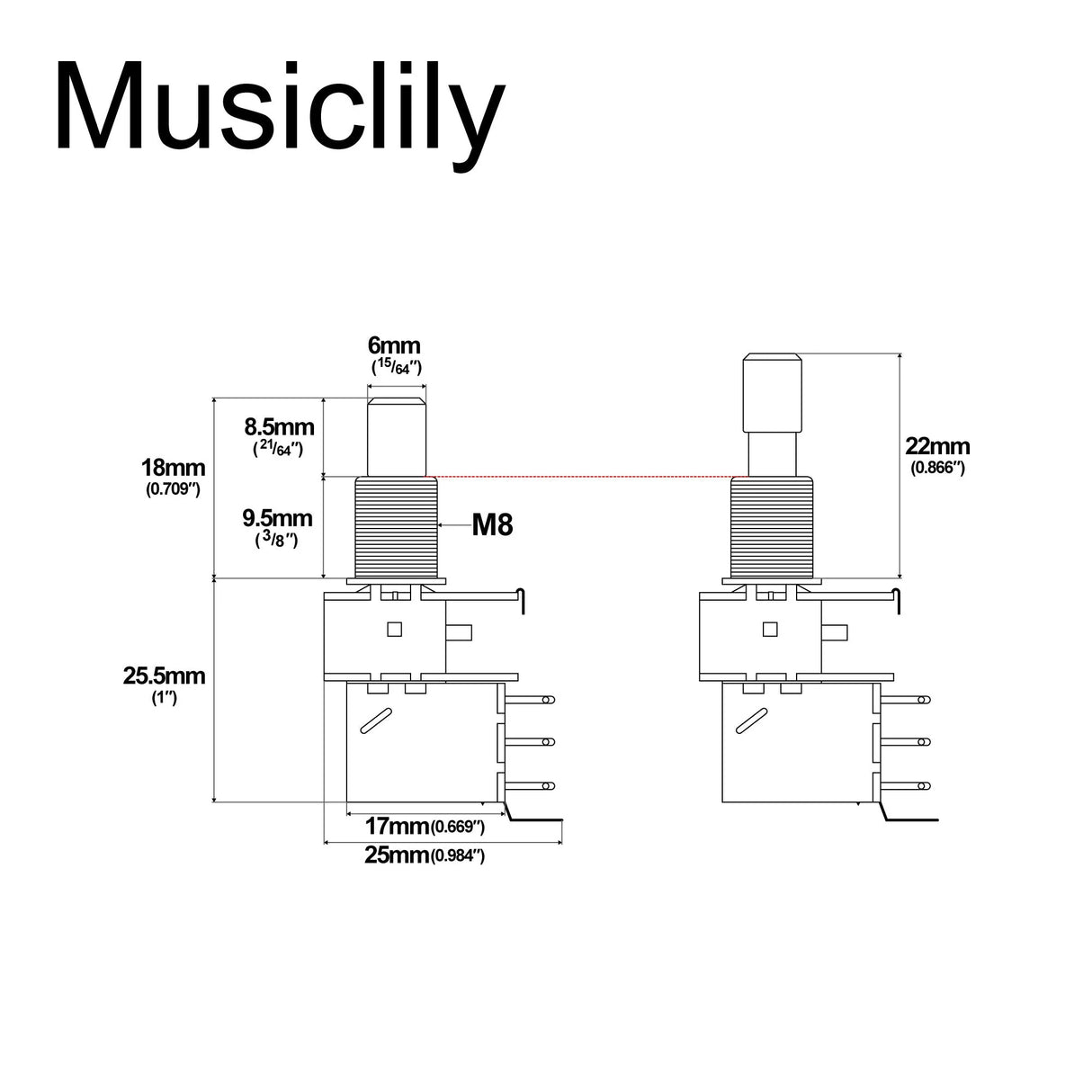 Musiclily Pro Push Pull Audio (Log) Medium Solid Shaft 250k Pot