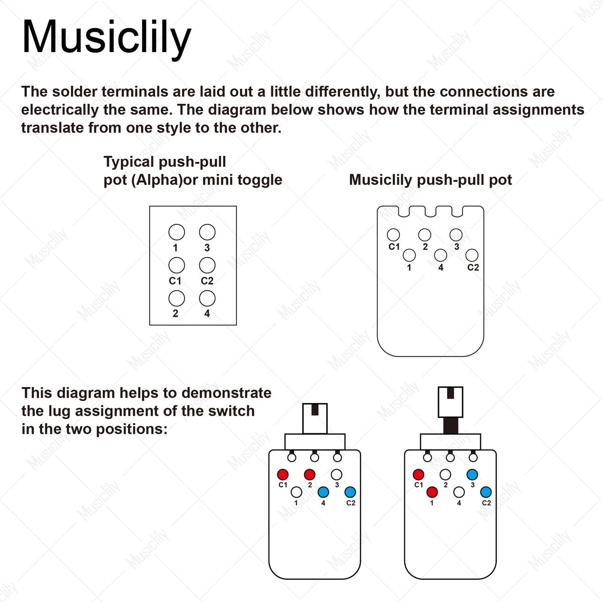 Musiclily Pro Push Pull Audio (Log) Medium Split Shaft 250K Pot
