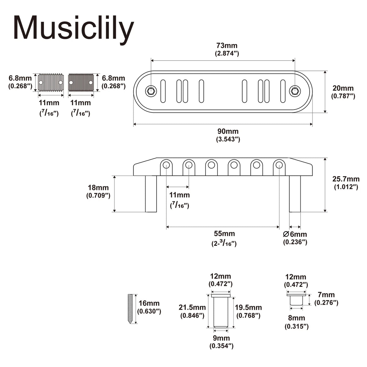 Musiclily Ultra BJ003 55mm Offset Bridge with Full Solid Brass Plate for Jazzmaster Jaguar Style Guitars