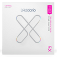 D'Addario XS electric bass nickel-plated steel strings package, featuring a white box with a large metallic silver 'X' logo and pink and gray text details.