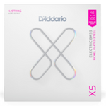 D'Addario XS electric bass nickel-plated steel strings package, featuring a white box with a large metallic silver 'X' logo and pink and gray text details.